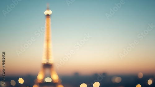Blurred background of a Paris with Effel tower at dusk, warm tones and soft focus for travel content.