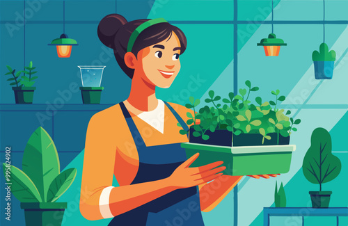 Young woman cultivating microgreens in indoor garden setting