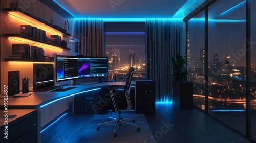 Modern office with a large desk, two monitors, and a view of a city skyline at night.