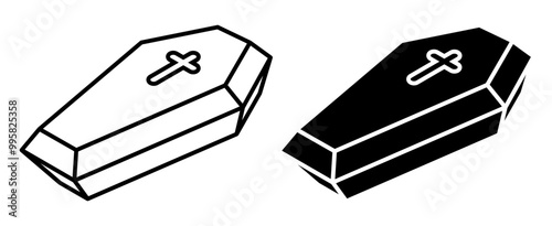 Linear icon, Isometric Halloween receptacle burying a coffin in a cemetery. Simple black and white vector isolated on white background