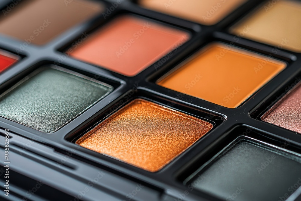 Close up of an orange and green eyeshadow palette with matte finishes showcasing warm earthy tones perfect for natural and subtle beauty looks Close up of an orange and green eyeshadow palette with matte finishes showcasing warm earthy tones perfect for natural and subtle beauty looks