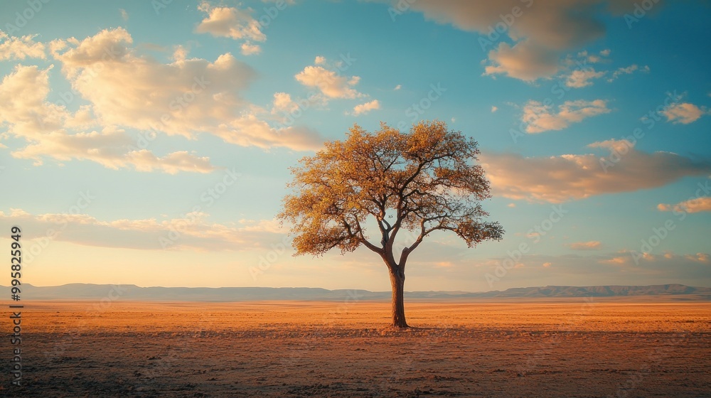 A solitary tree in a vast, barren desert landscape under a cloudy sky A solitary tree in a vast, barren desert landscape under a cloudy sky