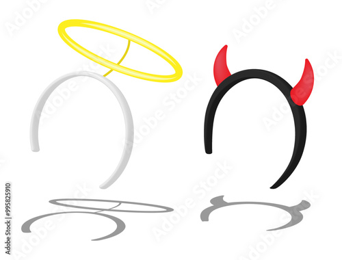 Carnival three dimensional Halloween headband with horns and angel halo, head decoration for masquerade. Realistic 3d vector isolated on white background