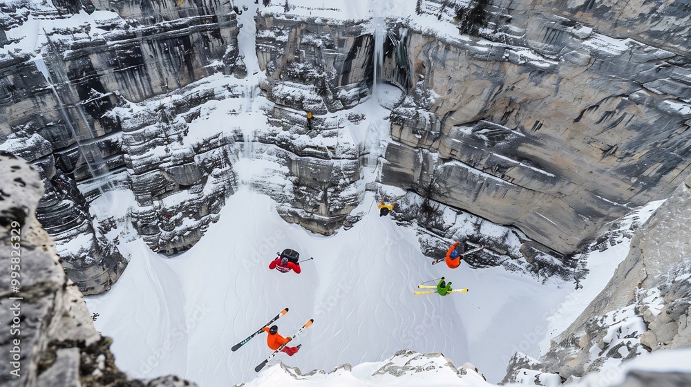 Ski BASE jumping a cliff with dramatic wide shots and slowmotion captures Ski BASE jumping a cliff with dramatic wide shots and slowmotion captures