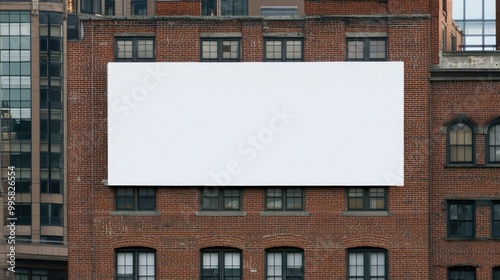 A blank billboard rests on a weathered brick building, contrasting sharply with the dark red bricks and surrounded by neighboring architecture and windows