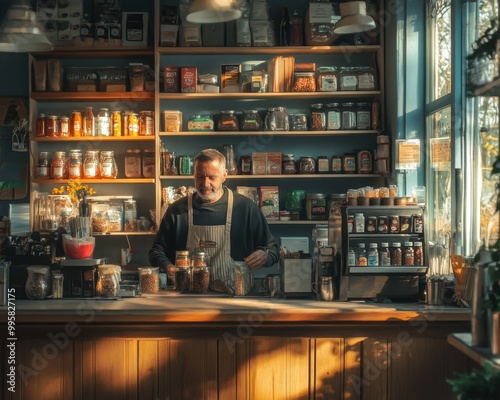 A friendly male owner of a small store stands behind the counter