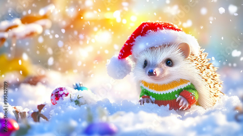 Hedgehog Holiday Cheer, a playful hedgehog wearing a Santa hat and Christmas sweater, joyfully frolicking in soft snow, embodying the spirit of winter celebrations.