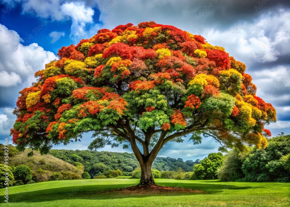 The stunning Pau Brasil tree boasts rich green leaves and vibrant red and yellow flowers, creating a lively The stunning Pau Brasil tree boasts rich green leaves and vibrant red and yellow flowers, creating a lively