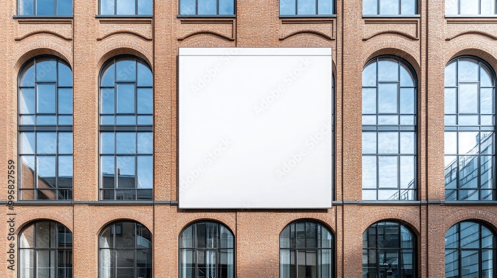 A blank billboard rests on a weathered brick building, contrasting sharply with the dark red bricks and surrounded by neighboring architecture and windows. A blank billboard rests on a weathered brick building, contrasting sharply with the dark red bricks and surrounded by neighboring architecture and windows.