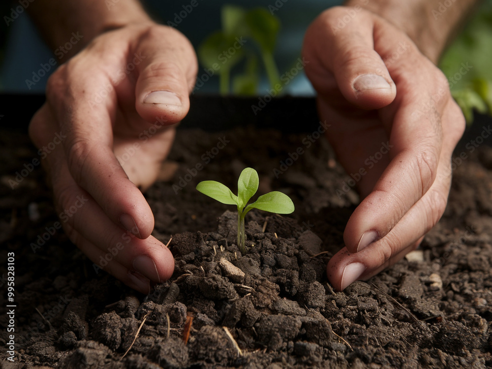 Hands gently nurturing a small plant seedling in fertile soil Hands gently nurturing a small plant seedling in fertile soil