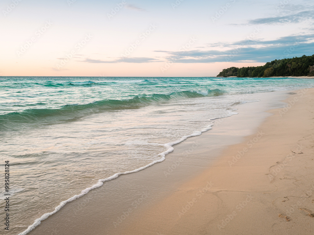Serene beach at sunset with gentle waves and sandy shoreline Serene beach at sunset with gentle waves and sandy shoreline