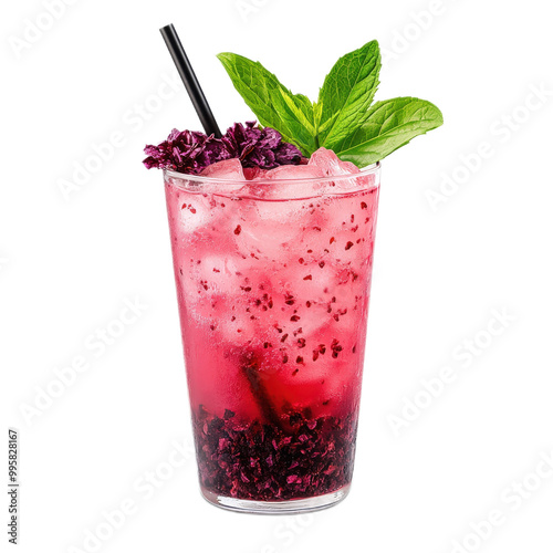 Refreshing Hibiscus Drink with Ice and Mint Garnish