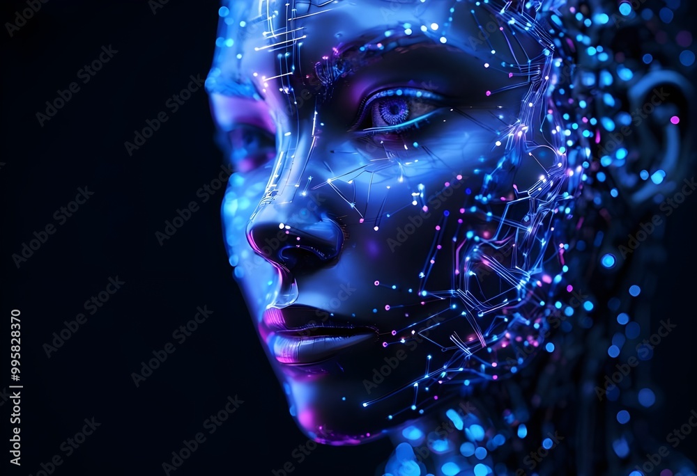 blue color robot face. Artificial intelligence concept.