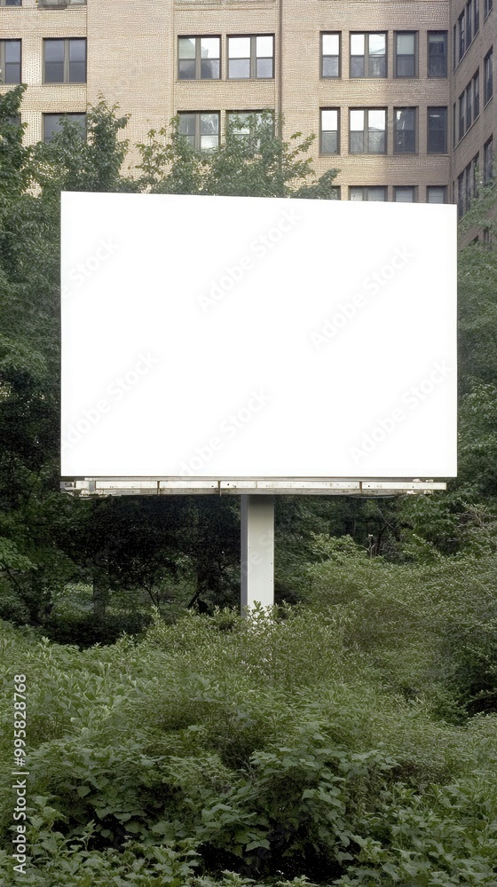 Fototapeta premium A blank billboard rests on a weathered brick building, contrasting sharply with the dark red bricks and surrounded by neighboring architecture and windows