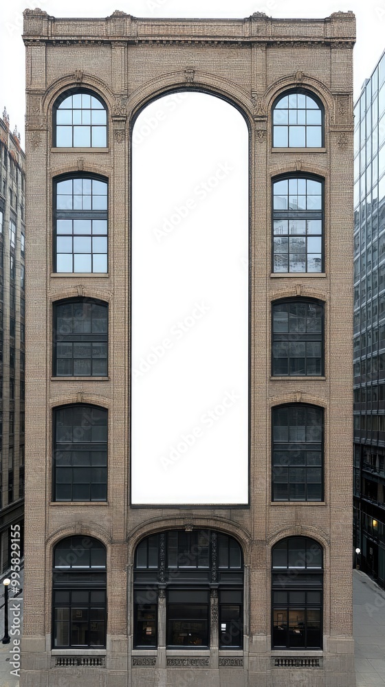 Fototapeta premium A blank billboard rests on a weathered brick building, contrasting sharply with the dark red bricks and surrounded by neighboring architecture and windows