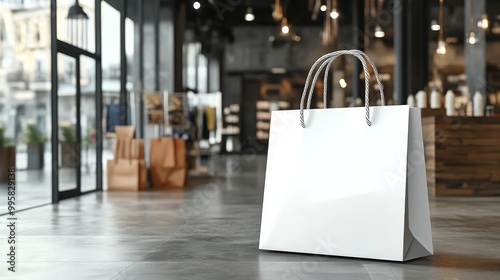 Blank White Shopping Bag Mockup in Blurred Clothing Store. Space for Your Text or Logo photo