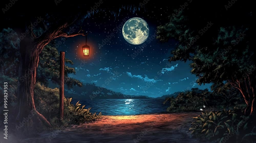 A serene nighttime landscape with a moonlit lake, lantern, and lush surroundings. A serene nighttime landscape with a moonlit lake, lantern, and lush surroundings.