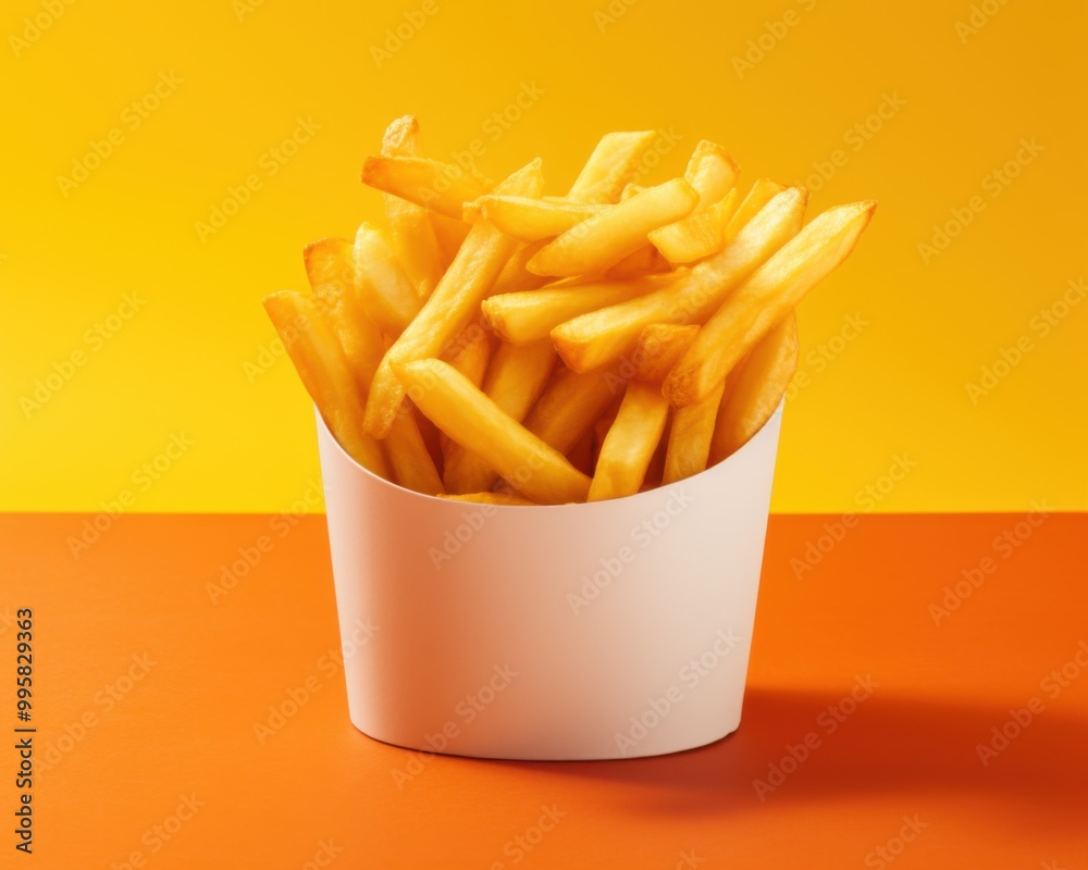 Delicious French fries in a cardboard package on a yellow background Delicious French fries in a cardboard package on a yellow background