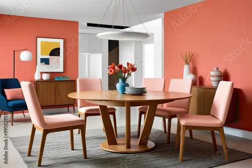 Light Peach Chairs Around a Circular Beech Dining Table in a Contemporary Living Room with an Accent Chair and Cabinet Against a Coral Wall