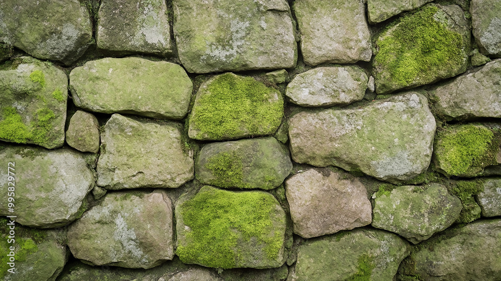 Obraz premium Moss-covered stone wall with gentle natural light, earthy and textured for a natural, decorative background.