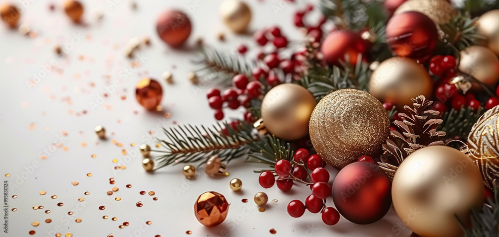 Close-up of new year decoration on white background, Christmas banner with balls and decorations on empty space Close-up of new year decoration on white background, Christmas banner with balls and decorations on empty space