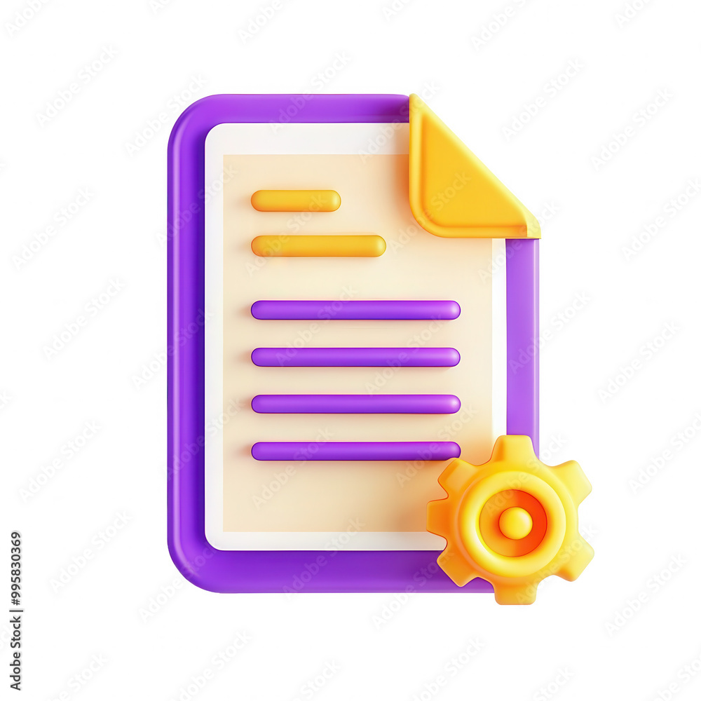 A colorful 3D document icon featuring a gear symbol, representing settings or configurations in a user interface. Ideal for tech-related designs. A colorful 3D document icon featuring a gear symbol, representing settings or configurations in a user interface. Ideal for tech-related designs.