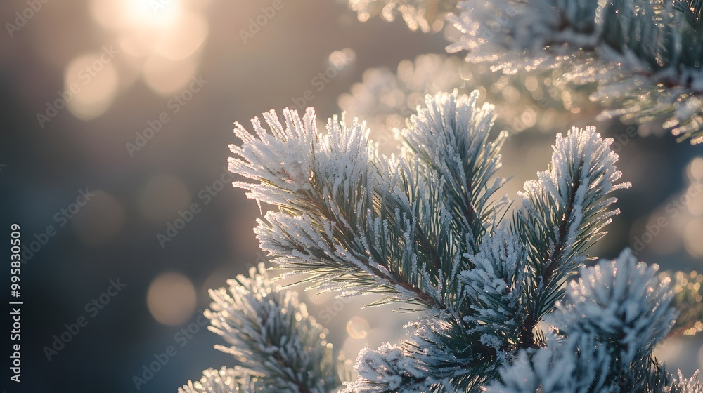 Beautiful close-up of frost-covered pine branches in winter, with the sun shining brightly behind them Beautiful close-up of frost-covered pine branches in winter, with the sun shining brightly behind them