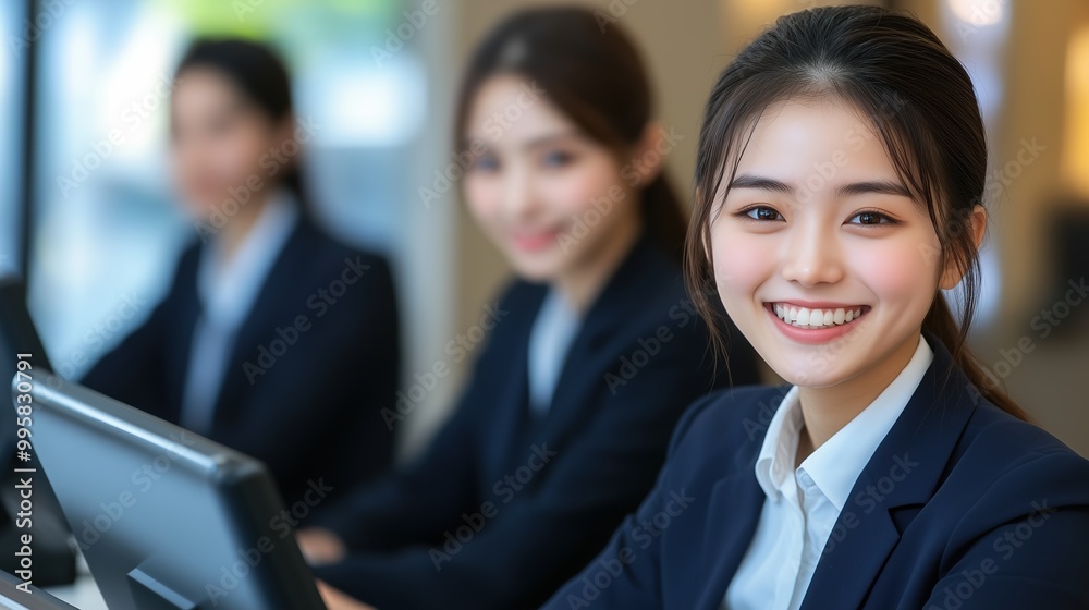 Three women in business suits are smiling at the camera Three women in business suits are smiling at the camera