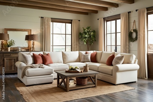 Warm and Inviting Farmhouse-Style Sectional Sofa in a Rustic Living Room Decor