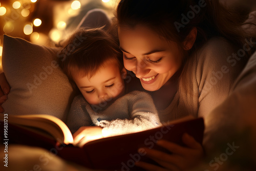 A warm scene of a mother reading a bedtime story to her children in a cozy room filled with soft pillows and gentle light