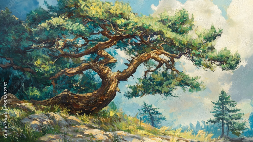 Fototapeta premium A majestic twisted tree stands on rocky terrain under a bright sky, reflecting the beauty of nature during a serene afternoon