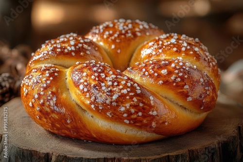 artisanal pretzel sculpted into an intricate knot glistening with salt crystals warm goldenbrown crust set against a rustic wooden backdrop with dramatic lighting photo