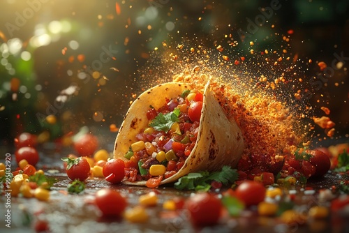 artisanal taco floating in surreal kitchen ingredients exploding in slowmotion vibrant mexicaninspired color palette painterly style photo