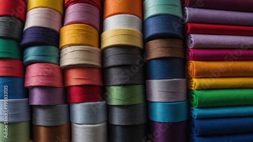 A detailed close up view of a stack containing vibrant and colorful fabrics