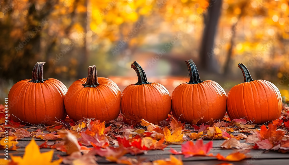 row of orange pumpkins against a backdrop of autumn foliage and fallen leaves row of orange pumpkins against a backdrop of autumn foliage and fallen leaves