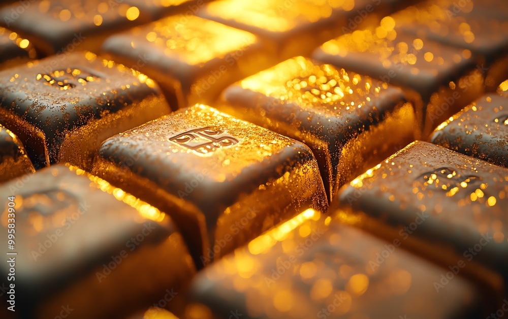 A closeup of gold bars stacked neatly, reflecting light in a luxurious display, gold bars, wealth and luxury A closeup of gold bars stacked neatly, reflecting light in a luxurious display, gold bars, wealth and luxury