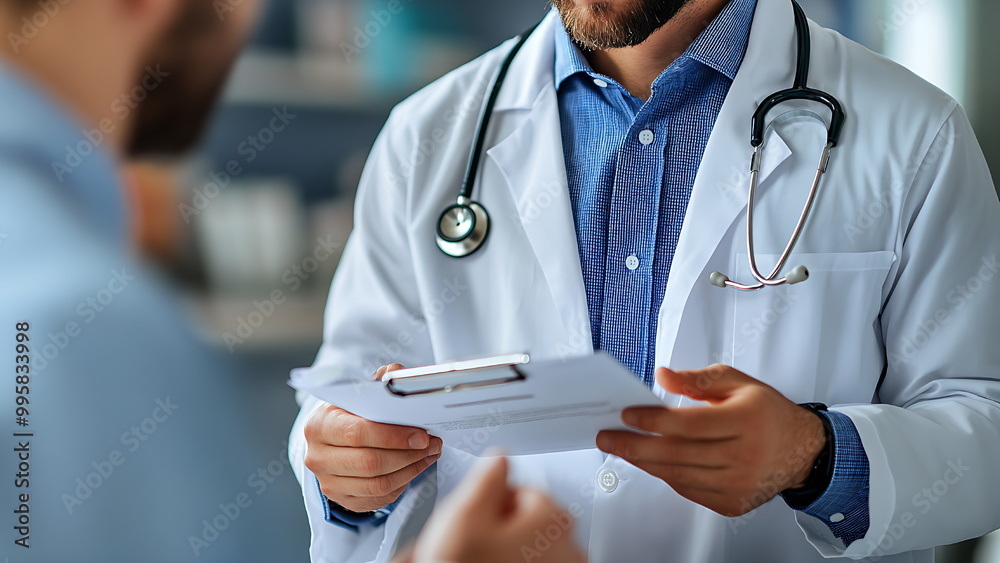 A doctor in a white coat is holding medical records, talking to a patient. A doctor in a white coat is holding medical records, talking to a patient.
