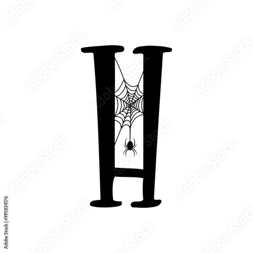 Logo con letra inicial H con tela de araña y araña colgando para tarjetas y felicitaciones de Halloween