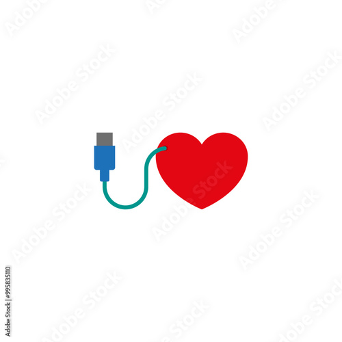 Heart with usb connector and cable. Isolated vector icon on white background.