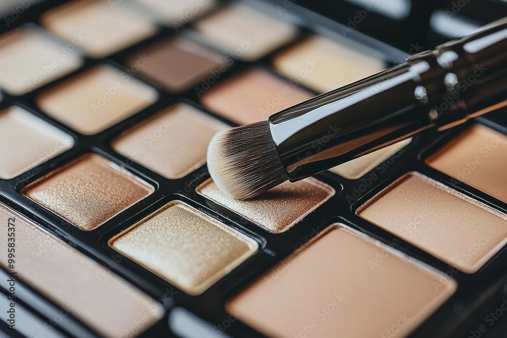 Neutral toned eyeshadow palette with soft matte finishes and a makeup brush applying powder on one shade ideal for natural and subtle beauty looks Neutral toned eyeshadow palette with soft matte finishes and a makeup brush applying powder on one shade ideal for natural and subtle beauty looks