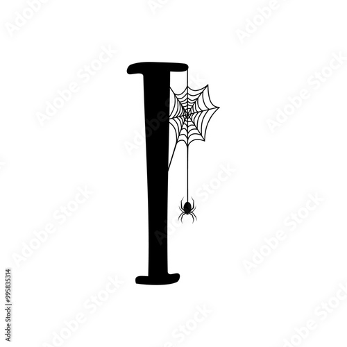Logo con letra inicial I con tela de araña y araña colgando para tarjetas y felicitaciones de Halloween