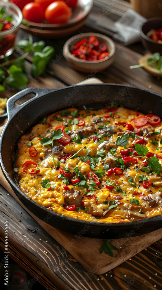 Start your day with a hearty and flavorful rustic breakfast cooked in a cast iron skillet. Eggs, tomatoes, veggies, chili flakes, and fresh herbs make a delicious and nutritious meal