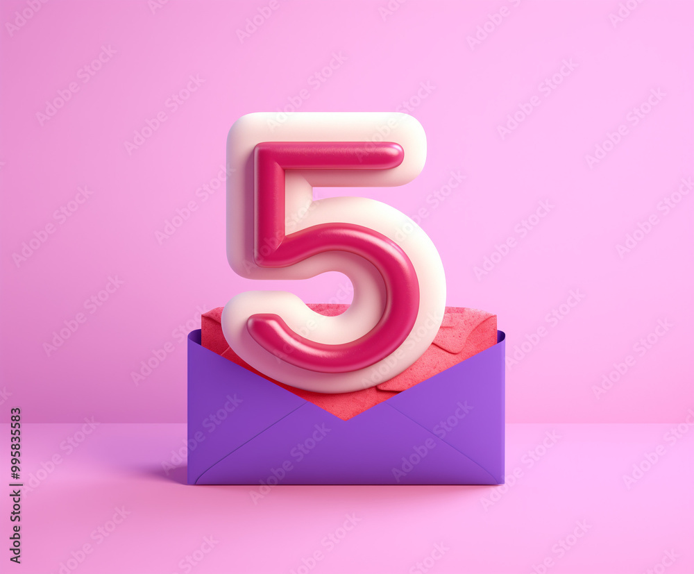 Fototapeta premium Pink background, purple envelope with a number five.