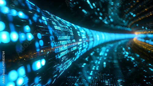 A long, blue digital pipe full of moving data.