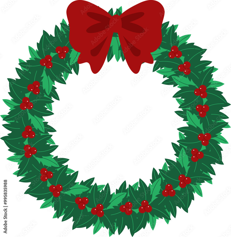 Wreat Holly Berry Christmas Decor With Red Bow Ribbon