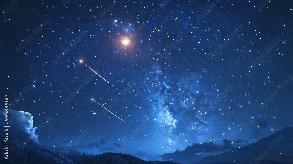 Night Sky with Shooting Stars and Milky Way over Mountains Night Sky with Shooting Stars and Milky Way over Mountains