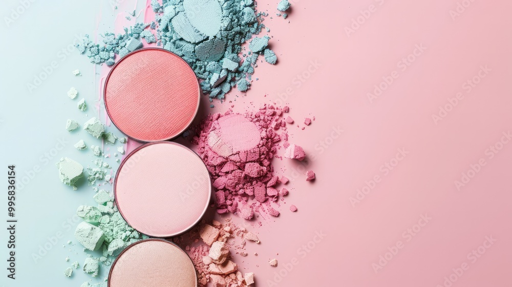 The background includes eyeshadow palettes on pastel background The background includes eyeshadow palettes on pastel background