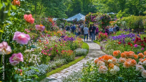 Vibrant Floral Garden with Visitors Enjoying the Scenery