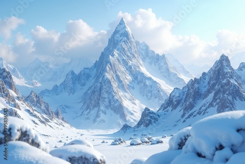 Majestic snow-capped mountain range, winter scenery, breathtaking landscape, serene nature, snowy peaks, winter wonderland concept