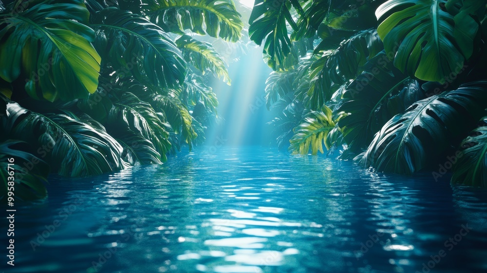 Fototapeta premium Exotic monstera leaves surround the edges, vibrant blue water with light reflecting off the surface, minimal banner space in the center, Futuristic neon lighting, 3D Render